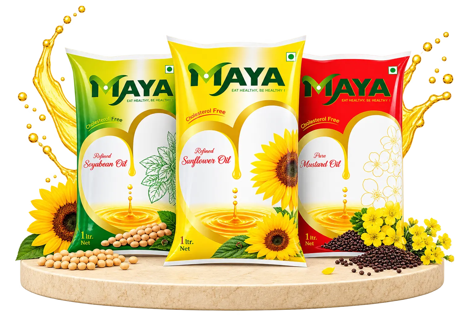 Maya refined sunflower, soybean, and mustard oils on a stone podium